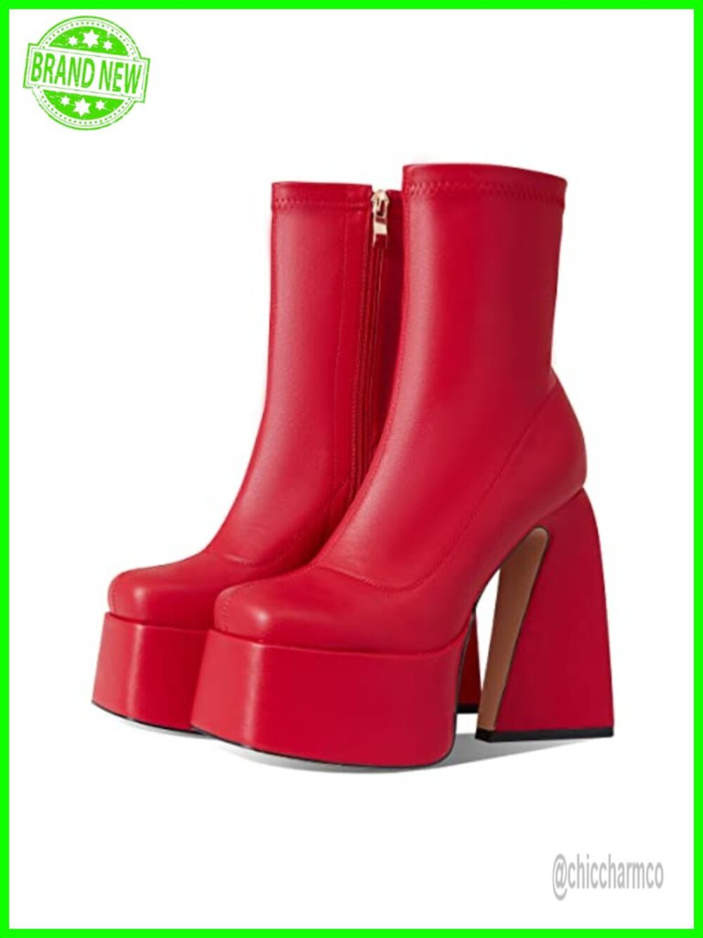 Platform Mid Calf Boots Square Toe Chunky Heel Side Zipper Faux Leather Booties